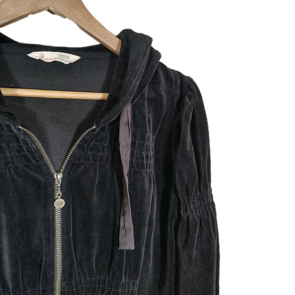 Odd Molly Velour Zip Hoodie Womens Sz 3 Large Black Smocked Waist Hooded Jacket - Picture 2 of 8